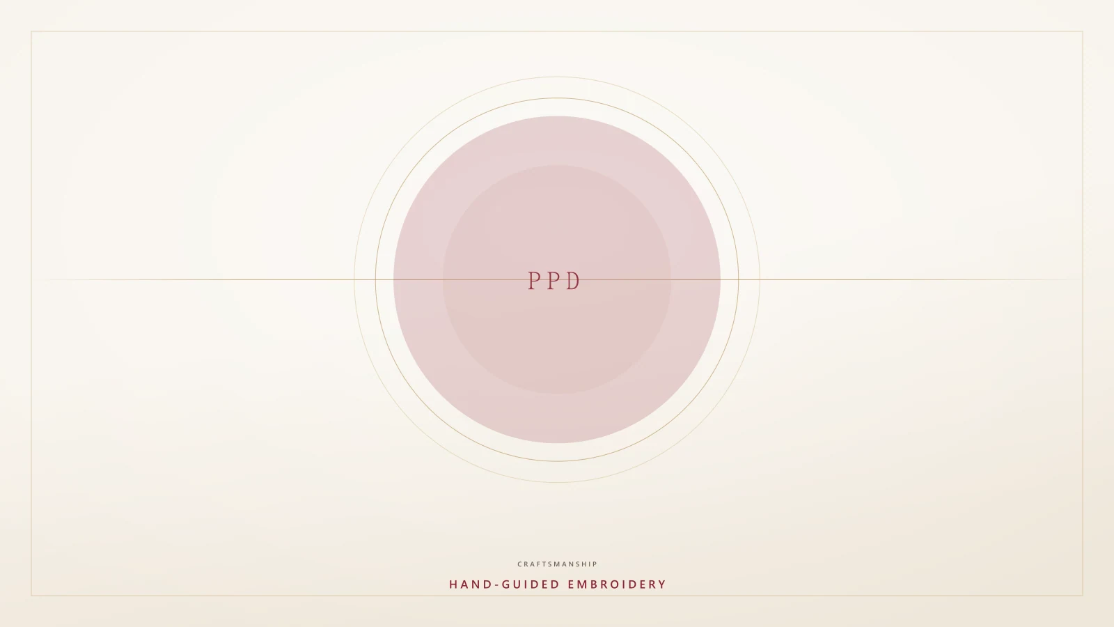 Editorial card for craftsmanship: a centred medallion of concentric gold rings around a soft burgundy disc on a warm ivory ground.