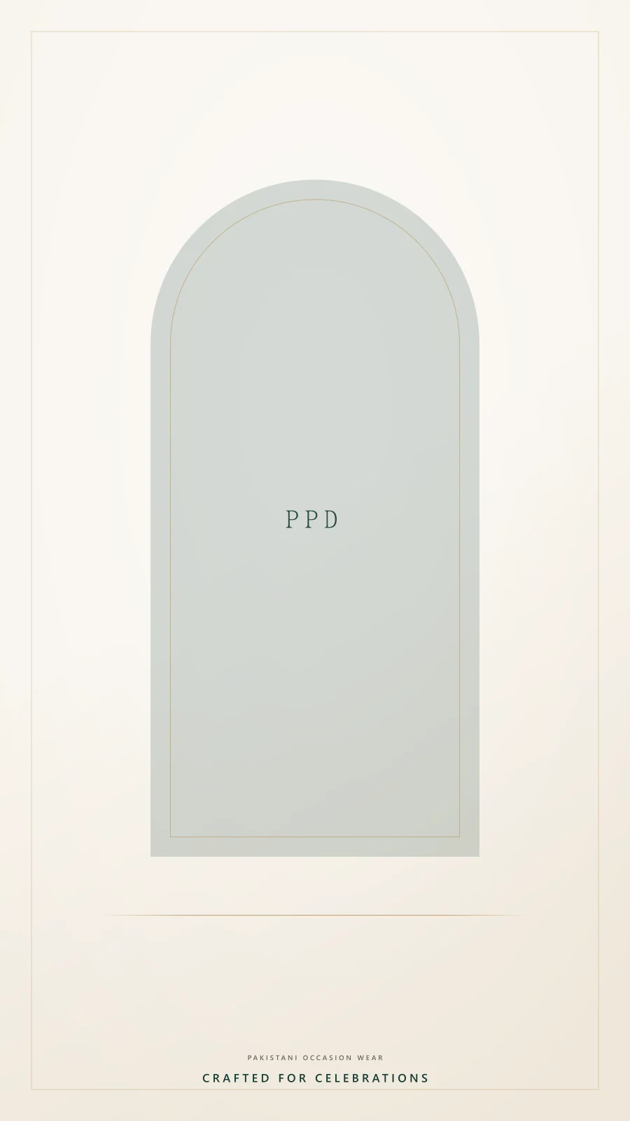 Portrait editorial title card for Premium Pakistani Dresses: stacked ivory and soft emerald panels separated by a fine gold rule.