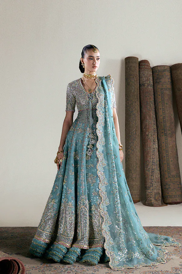 Anaira bridal pishwas, lehenga and scalloped dupatta styled full length