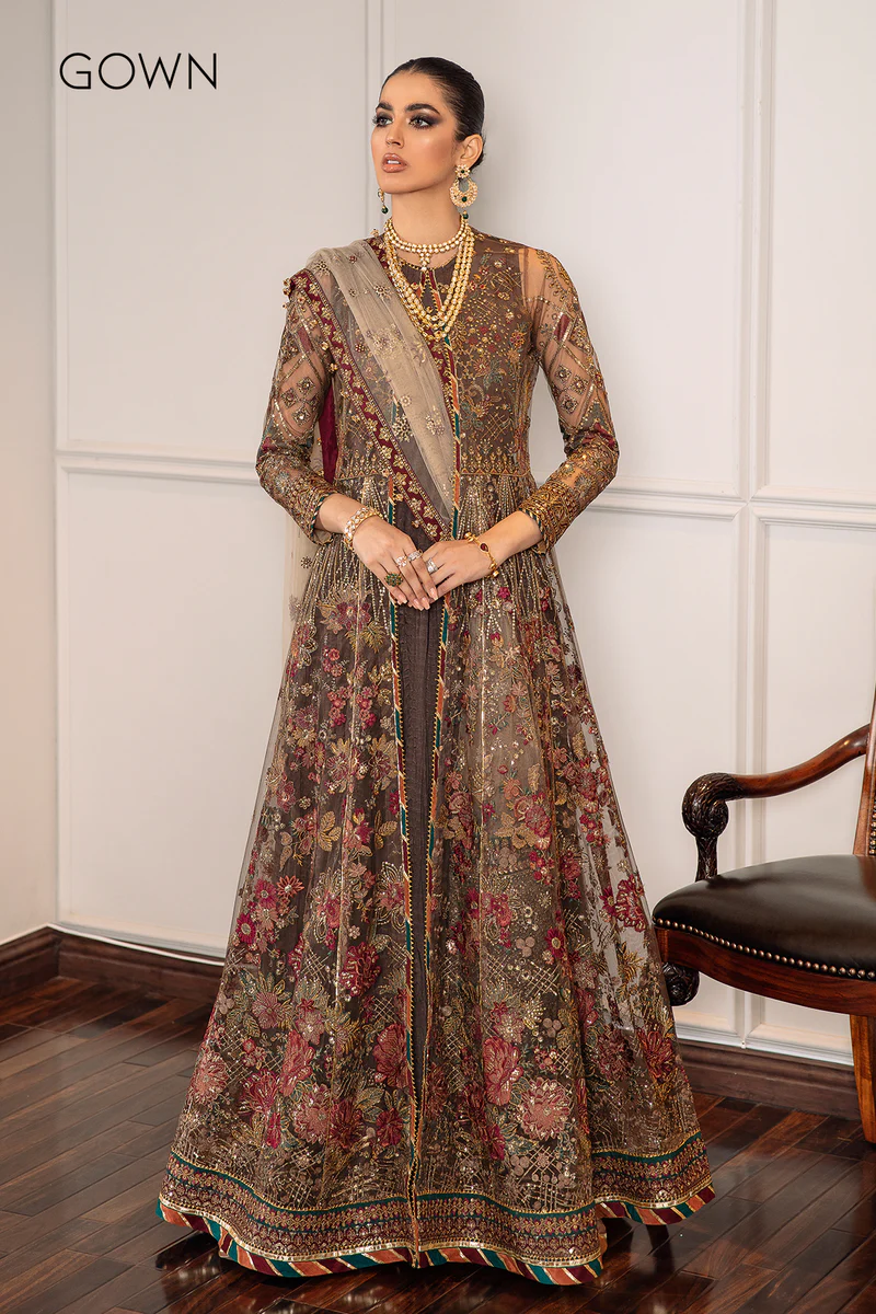 Baroque CH09-02 chocolate brown embroidered net formal dress, full length front view