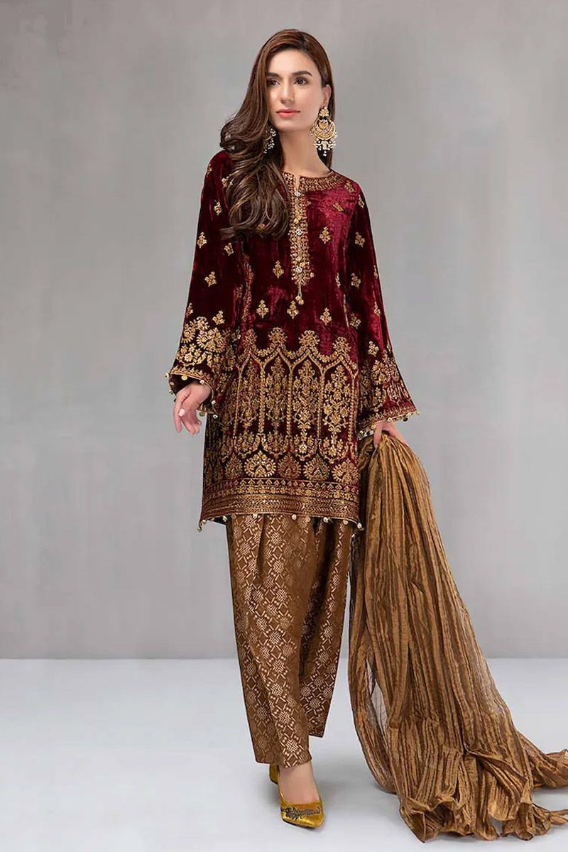 Maria b Velvet Maroon (BD-0018) designer-inspired formal dress, full-length primary view