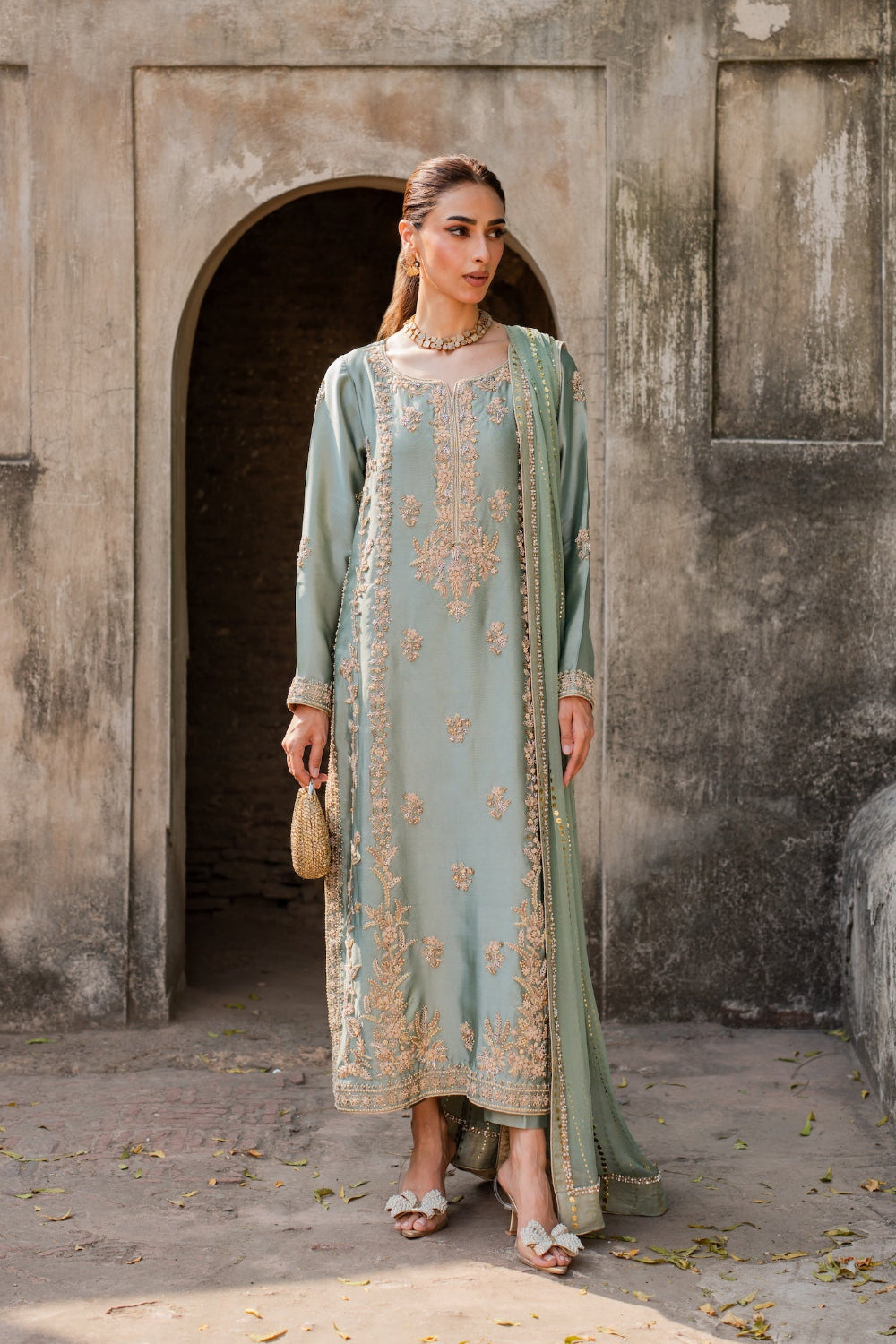 Nayab mint-green sheesha silk formal shirt with pearl, dabka and sitara embellishment